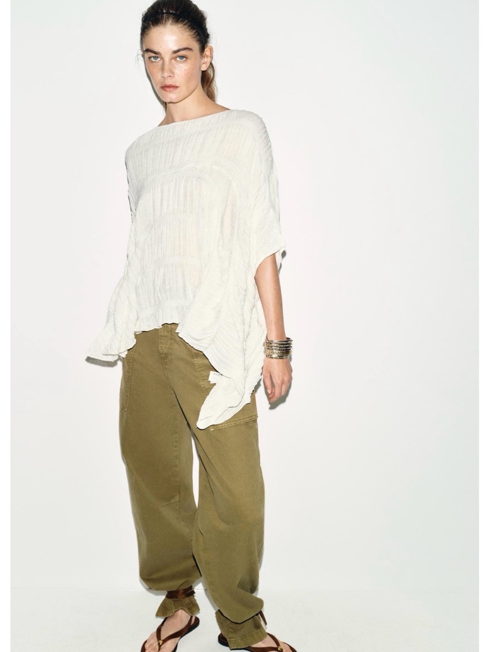 Zara Off-White Textured Draped Tunic Top